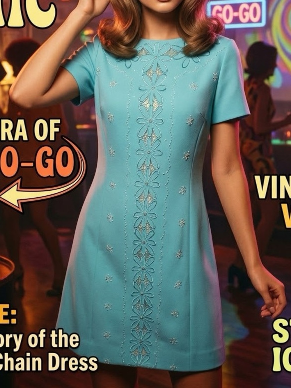⁠Vintage 60s 70s Aqua Turquoise Floral Cutout Beaded Shift Dress - Fits M⁠